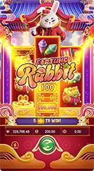 Fortune Rabbit · Pemeriksaan panel angka saldo, nilai taruhan saat ini, dan banner instruksi di tengah bawah.