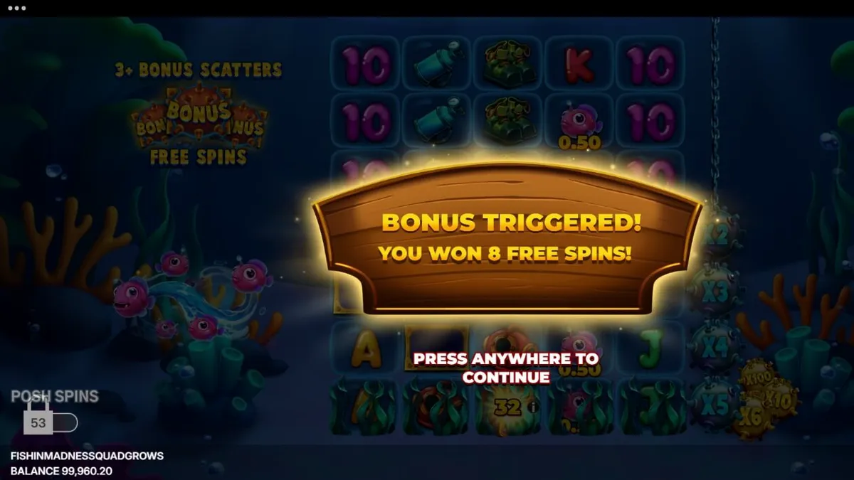 Tampilan visual slot Fishin’ Madness Quadgrows dengan elemen bawah laut dan grid yang sedang berkembang.