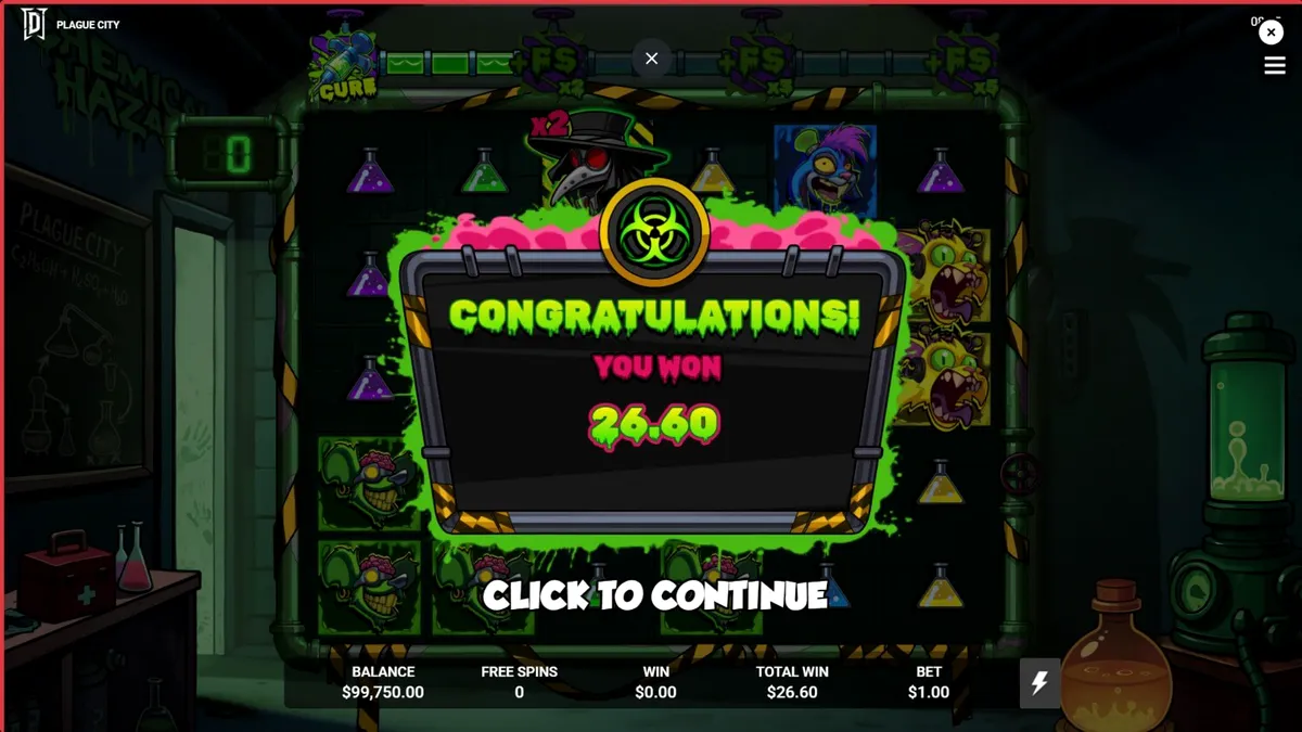 Tampilan visual slot Plague City dengan latar belakang kota apokaliptik dan elemen laboratorium.