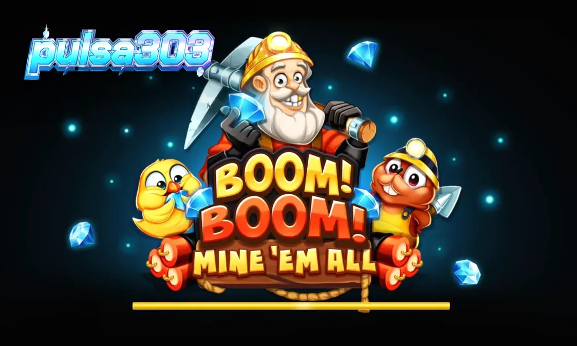 Tampilan visual slot Boom! Boom! Mine ‘Em All dengan tema tambang yang eksplosif